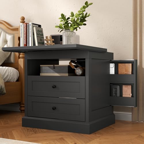 Gyfimoie Nightstand with Hidden Storage Space, Night Stand, End Table with Side Drawer, Bedside Table with Open Shelf, 2 Drawers Dresser for Bedroom, Living Room, Closet (Black) Gyfimoie