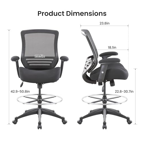 BOLISS 400lbs Mid Back Mesh Ergonomic Drafting Chair for Standing Desk Office Wide Chair Built-in Lumbar Support Big Adjustable Foot Ring Height Adjustable Armrest (Black) BOLISS
