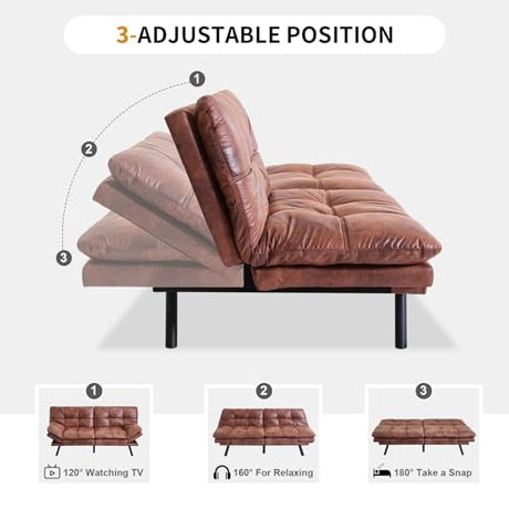 MUUEGM Faux Leather Futon Bed, Convertible Memory Foam Sofa Bed, Modern Love Seat for Living Room,Compact Space,Apartment,Office,Adjustable Backrests Armrests Couch Sleeper,71" Sofas, Brown MUUEGM