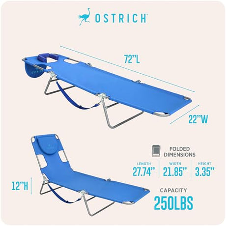 Ostrich the Original Chaise 72 x 22 Inch Lounge Portable Reclining Lounger, Outdoor Patio, Beach, Lawn, Camping, or Pool Tanning Chair, Ocean Blue Ostrich