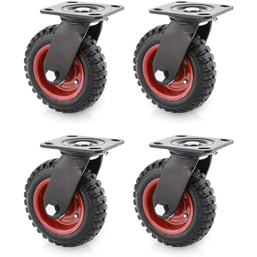 POWERTEC 8 Inch Caster Wheels Set of 4, Heavy Duty Swivel Plate Casters with Rubber Knobby Tread for Workbench, Dolly, Cart, Trolley, Wagon and Chicken Coop, Large Rubber Castor Wheels (17051-P4) POWERTEC