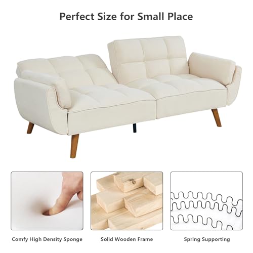 Betoko Convertible Futon Sofa Bed Sleeper Twin Size, Modern Reclining Linen Split Back Sofa Couch with Pillow Top Arm for Compact Living Room,Apartment (Beige) Betoko