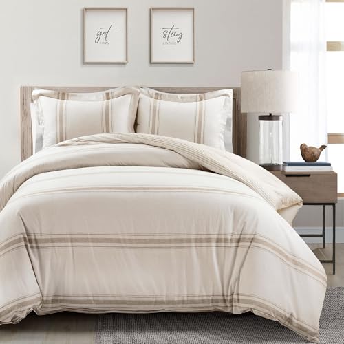 Lush Decor Farmhouse Stripe Reversible Cotton Duvet Cover Queen Size 3 Piece Set Full/Queen Neutral - Farmhouse Bedding Set - Striped Duvet Cover Lush Decor