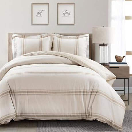 Lush Decor Farmhouse Stripe Reversible Cotton Duvet Cover Queen Size 3 Piece Set Full/Queen Neutral - Farmhouse Bedding Set - Striped Duvet Cover Lush Decor