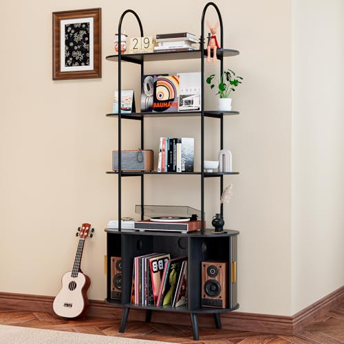 Tall Vinyl Record Player Stand, Black Small Record Storage Cabinet, 4 Tier Arched Bookshelf with Sliding Doors, Fluted Media Display Shelf, Mid Century Modern Turntable Stand for Living Room, Retro Woemtoric
