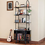 Tall Vinyl Record Player Stand, Black Small Record Storage Cabinet, 4 Tier Arched Bookshelf with Sliding Doors, Fluted Media Display Shelf, Mid Century Modern Turntable Stand for Living Room, Retro Woemtoric