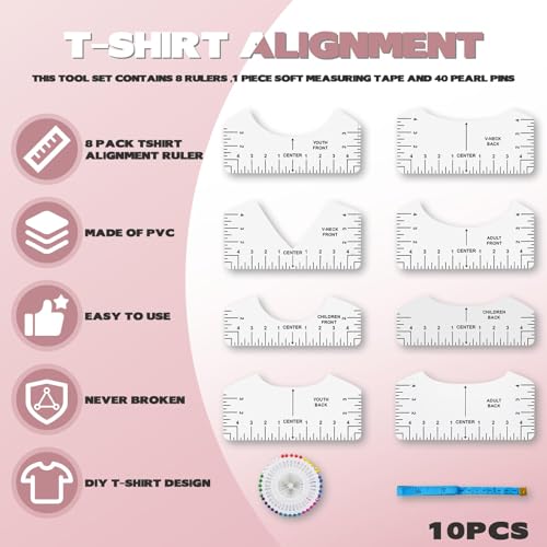 Jiehstu Tshirt Ruler Guide Vinyl Alignment, Transparent V-Neck/Round PVC Ruler for Alignment, Designs Pocket Logo, Fit for Heat Press, Alignment, Children Youth Adult, Front and Back Measurement Jiehstu