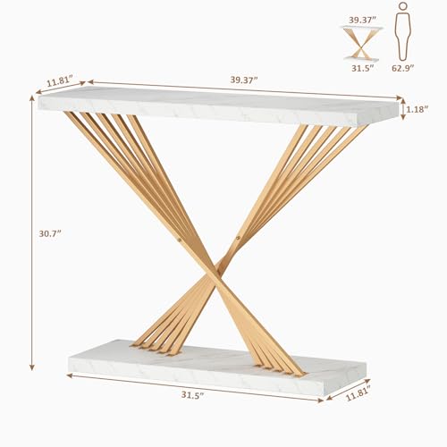 UNIQUITE 39.4 Inch Gold Console Table, White Faux Marble Modern Entryway Table Sofa Tables Behind The Couch for Entrance Hallway Living Room, X-Shape UNIQUITE