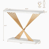 UNIQUITE 39.4 Inch Gold Console Table, White Faux Marble Modern Entryway Table Sofa Tables Behind The Couch for Entrance Hallway Living Room, X-Shape UNIQUITE