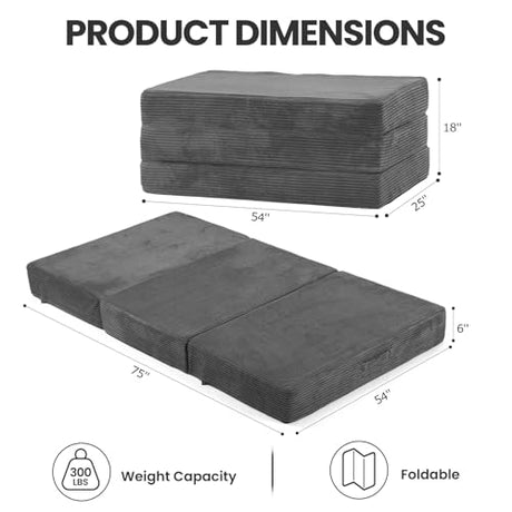 Erament 6-Inch Tri-Fold Mattress Full Size, Covertible Sofa Bed Foldable Futon Mattress with Handles & Non-Slip Bottom, Removable Machine Washable Corduroy Cover for Guest, Camping, Dorm Erament