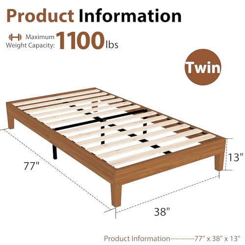 Sweetcrispy Solid Wood Bed Frame, Twin Size Bed Base with Wood Slat Support, Sturdy, Stylish & Noise-Free Design, No Box Spring Needed, Easy Assembly, Dark Brown Sweetcrispy