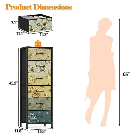 Furnulem Tall 6 Drawers Dresser, Vintage Storage Organizer Unit with Fabric Bins for Bedroom, Living Room, Closet, Nusery, Dorm, Entryway, Bedside Furniture, Sturdy Metal Frame, Wood Top Furnulem