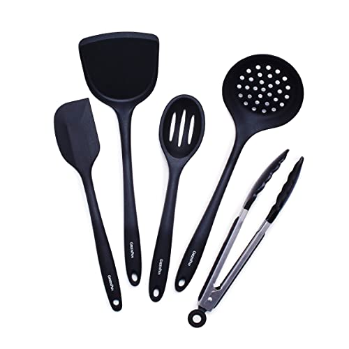 GreenPan 5 Piece Cooking Utensil Set, Flexible Nonstick Silicone, Stain-Free, Tongs, Turner, Spatula, Skimmer, and Slotted Spoon, Black GreenPan