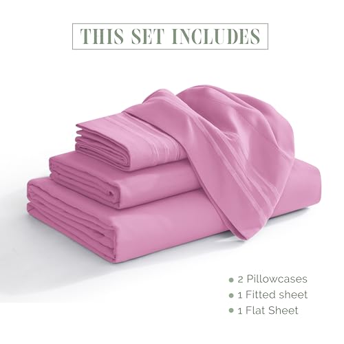 Elegant Comfort Luxurious 1500 Premium Hotel Quality Microfiber Three Line Embroidered Softest 4-Piece Bed Sheet Set, Wrinkle and Fade Resistant, Full, Light Pink Elegant Comfort
