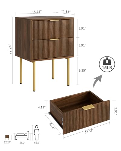 Masupu Night Stand,Mid-Century Modern Bedside Table with 2 Storage Drawer,Small Gold Frame Side End Table for Bedroom,Living Room, Walnut Masupu