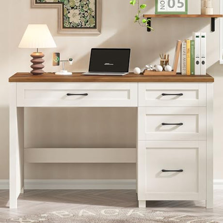 Vabches Farmhouse 47" Executive Desk, Computer Desk with File Drawer and Charging Station, Workstation for Home Office, Study,(Unique White). Vabches