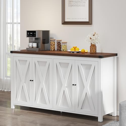 YITAHOME Farmhouse Sideboard Buffet Cabinet with Storage with 4 Doors, 55'' Large Kitchen Storage Cabinet, Wood Coffee Bar Cabinet with Adjustable Shelf for Kitchen, Living Room, White - WoodArtSupply