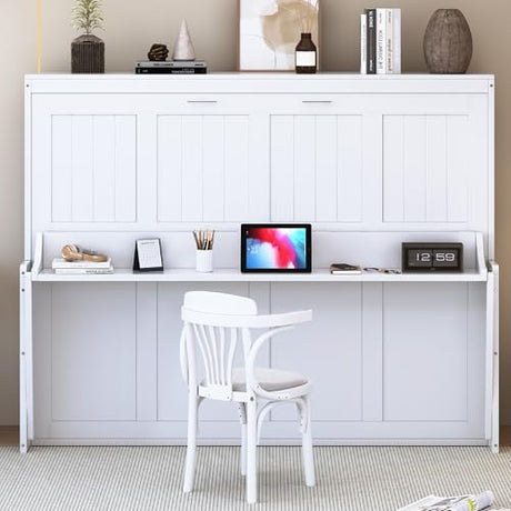 Merax Murphy Bed Queen Size with Desk, Wood Folding Wall Bedframe with Smooth Hydraulic Lift, for Small Bedroom, Guest Room, Home Office, White Merax