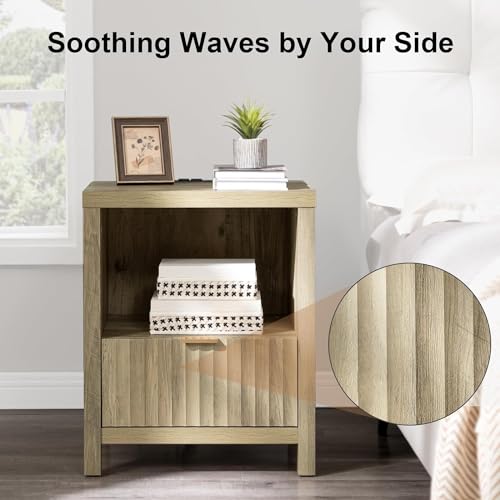 OAKHAM HOME Night Stand Set of 2, Fluted Nightstand with Charging Station Bed Side Table End Table with Drawer Storage Mid Century Wood Night Stands for Bedroom Living Room (Sunwashed Ash Oak) OAKHAM HOME
