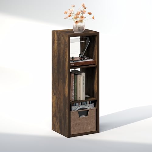 Furinno Cubicle Record Player Stand with Vinyl Storage, 3-Cube 1.2 Extra Thick Vinyl Record Storage, Open Back Media Shelf for CD DVD Blueray Game Disc, for Living Room, Home Office, Amber Pine Furinno