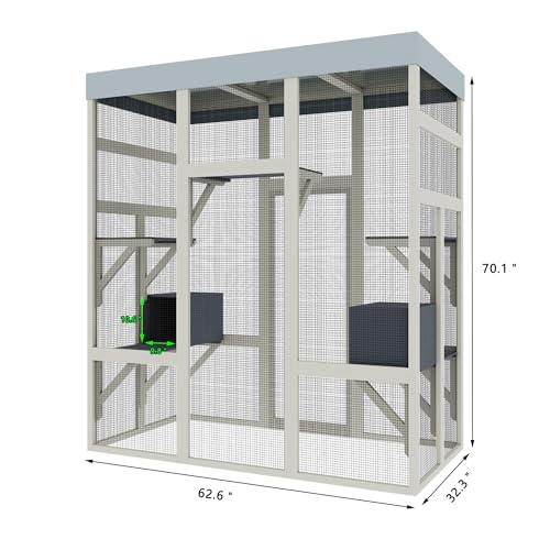 70.1" Gray Wooden Catio Outdoor Pet Enclosure - Spacious Secure Cat House with Waterproof Top, Black Rust-Proof Metal Wire & Small Animal Cage (Gray, 62.60x32.30x70.10) WoodArtSupply