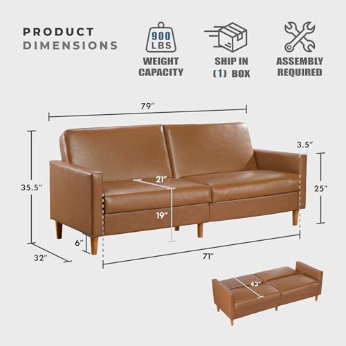 Lexicon 79"W Convertible Futon Sofa Bed, Loveseat, Faux Leather Upholstered Couch Sleeper, Adjustable Backrests, Padded Pocket Coil, Solid Wood Legs for Living Room, Bedroom, Apartment, Office, Camel Lexicon
