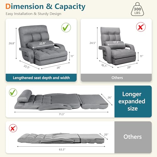 STHOUYN Comfy Floor Chair Bedroom 2 USB Charging Ports, 5-Position Couch Gaming Lounge Chairs Adults, Indoor Folding Lazy Sofa Meditation Arm Dorm Chair Living Room (Grey) STHOUYN