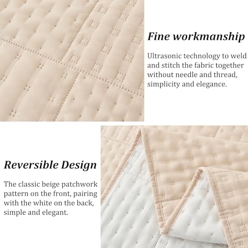 Cmfshape King Quilt Bedding Set - 3 Pieces Reversible Ultrasonic Quilt with Classic Patchwork Pattern,Soft Lightweight Bedspread Coverlet for All Season with 2 Pillow Shams,King Beige(104"x92") Cmfshape
