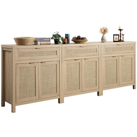 SICOTAS Sideboard Buffet Storage Cabinet Set of 3, Rattan Credenza Buffet Table, Boho Console Accent Cabinet with Doors and Drawer, Coffee Bar Cabinet for Kitchen Entryway Living Room, Natural SICOTAS