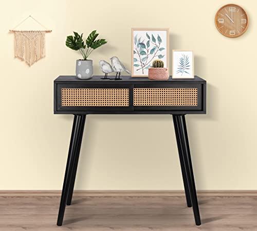Console Table Small Entryway Table, 31" Console Tables for Entryway, Vanity Desk Rattan Dresser Side Table Black Entry Table Narrow Console Table Modern Hallway Table Boho Sofa Table for Living Room