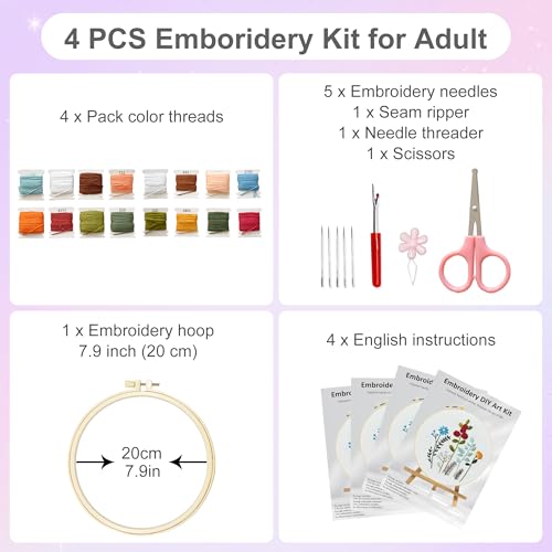 Huacan Embroidery Kit for Adults Beginner - Embroidery Kits for Adults Beginner 4 Pcs Stamped Floral Pattern, Hand Art Craft, DIY Sewing Kit with Box 7.9 x 7.9 Inch