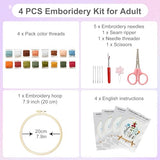 Huacan Embroidery Kit for Adults Beginner - Embroidery Kits for Adults Beginner 4 Pcs Stamped Floral Pattern, Hand Art Craft, DIY Sewing Kit with Box 7.9 x 7.9 Inch