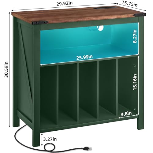 Joaxswe Large Record Player Table with Charging Station & LED Lights, Green Vinyl Record Storage Cabinet Holds up to 230 Albums, Turntable Stand with Display Shelf for Music Room Bedroom Living Room Joaxswe