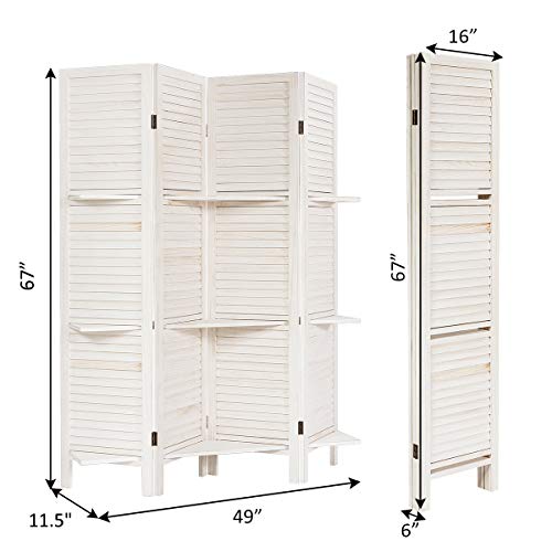 Giantex 4 Panel Room Divider with Shelve, Folding Privacy Screens, Wood Divider for Room Separation, 5.6 FT Foldable Wall Partition for Home Office Bedroom, White Giantex