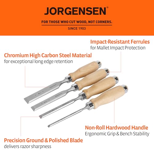 Jorgensen 4-Piece Wood Chisel Set, Chromium Alloy Steel Beveled Edge Wood Chisels, Wood Chisels for Woodworking, Ergonomic Hardwood Handle with Metal Ferrule, 1/4", 1/2", 3/4", 1" Jorgensen