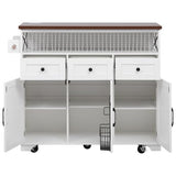 Ball & Cast Farmhouse Kitchen Island with Drape of Beads & Power Outlet, Rolling Kitchen Cart on 5 Wheels, 3 Drawers, Internal Iron Shelf & Towel Rack, for Kitchen & Dining Room, White Ball & Cast