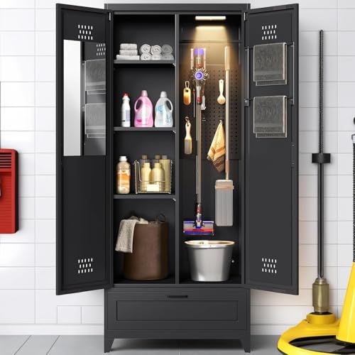 YITAHOME 71" Metal Garage Broom Cabinets with Adjustable Shelves, Vacuum Storage Cabinet with Doors and Drawer, Tool Storage Cabinet for Gym, Basement, Warehouse, Black, Metal YITAHOME