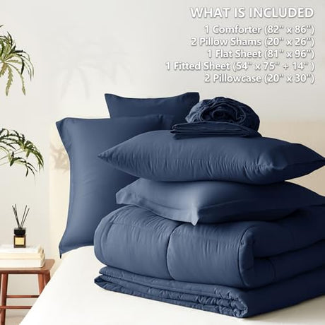 CozyLux Full Size Comforter Sets Navy Blue - 7 Pieces Bed in a Bag Full, Oeko-Tex Certified Bed Set, All Season Soft Bedding Set with Down Alternative Comforter, Sheets, Pillowcases & Pillow Shams CozyLux