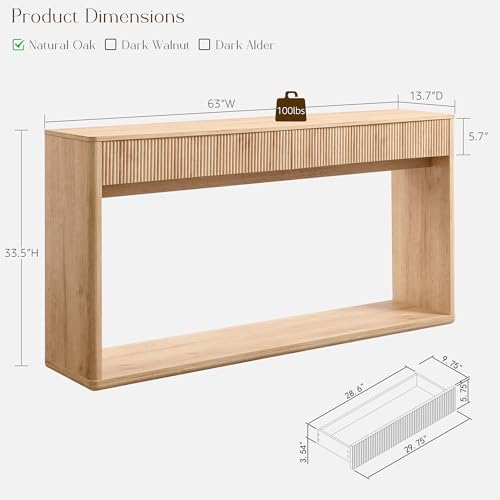 OKD 63" Fluted Console Table for Entryway, Modern Entryway Table with 2 Large Drawers, Long Sofa Table Behind Couch for Living Room, Hallway, Couch, Foyer，Natural Oak OKD