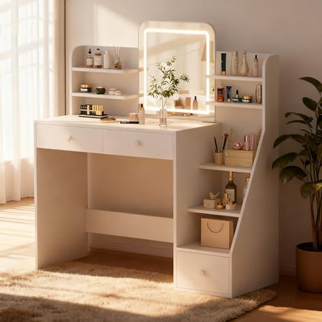 Oiroporz White Makeup Vanity Desk with LED Mirror & 5-Tier Sloped Shelves, 7 Open Storage Areas & 3 Drawers, Adjustable 3-Color Lighting Dressing Table Oiroporz