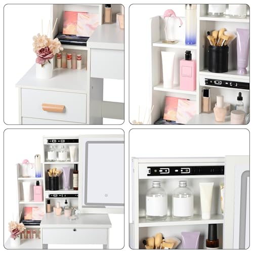 Vanity Desk with Sliding Mirror and Lights, Small Vanity Table Makeup Vanity Dressing Table, Makeup Vanity with Drawers & Shelves, Bedroom Dressing Table, Writing Desk Bedroom Essential (White) Altsuceser