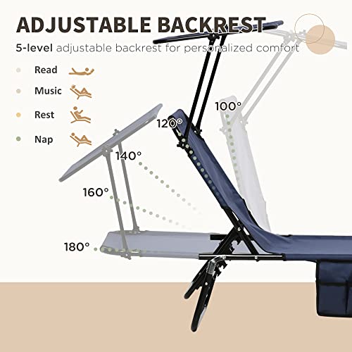 Outsunny Folding Chaise Lounge Pool Lounge Chairs Set of 2, Outdoor Sun Tanning Chairs with Canopy Shade, Reclining Back, Steel Frame and Side Pocket for Beach, Yard, Patio, Dark Blue