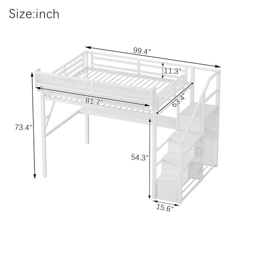 KEIKI Queen Size Metal Loft Bed Frame with Desk, Staircase, Built-in Storage Shelves and Wardrobe, Modern Loft Bed with Solid Slat, Guardrail, No Box Spring Required, Easy Assembly, for Bedroom, White KEIKI