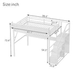 KEIKI Queen Size Metal Loft Bed Frame with Desk, Staircase, Built-in Storage Shelves and Wardrobe, Modern Loft Bed with Solid Slat, Guardrail, No Box Spring Required, Easy Assembly, for Bedroom, White KEIKI