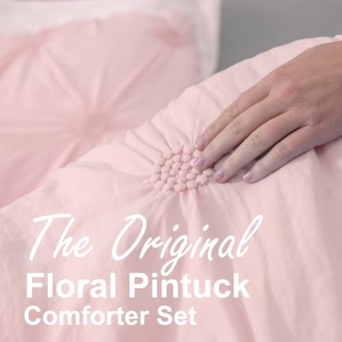 Swift Home Twin/Twin XL Baby Pink Rose Blush Comforter Set - Ruched 3D Floral Pintuck Bedding Set - 2 Pieces Bed Linen, 1 Comforter and 1 Pillow Sham Swift Home