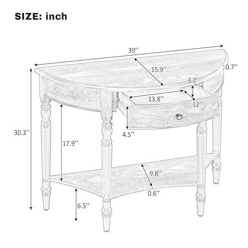 Anwick Vintage Half Moon Console Table with Shelves, Blue Mid Century Entry Way Table with Drawers & Storage, Classy Wooden Sofa Console Tables for Entryway Living Room Hallway & Foyer (Brown) Anwick