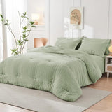 HYMOKEGE Light Green Queen Comforter Set Seersucker 7 Pieces, All Season Luxury Bed in a Bag for Bedroom, Bedding Set with Comforters, Sheets, Pillowcases & Shams HYMOKEGE