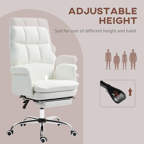 HOMCOM Executive Office Chair, PU Leather Ergonomic Office Desk Chair with Footrest, Reclining and Swivel Chair, White HOMCOM