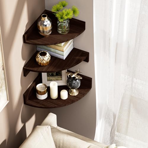 Alsonerbay Corner Shelf Wall Mount, Set of 3 Floating Shelves for Storage and Display, Rustic Wood Shelves for Bedroom, Kitchen, Living Room, Nursery and Office (Dark Brown) Alsonerbay