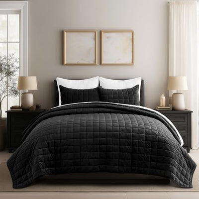 EVERGRACE Pearl Velvet Quilt Full Queen Size Bedding Sets, Luxurious Soft Velvet Comforter Set, Lightweight Box Stitching Oversized Bedspread Coverlet for All Season, with 2 Shams, Black